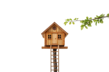 Wooden tree house design with ladder and foliage accentuating outdoor adventure concept
