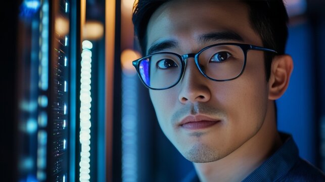Vibrant close up portrait of an asian male it technician posing by a server rack with glasses