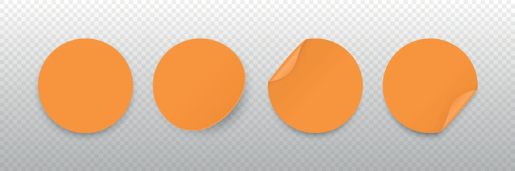 Orange Round Sticker Vector Set. Round Stickers with Shadows. Curled Corner Stickers, Straight Round Stickers, Slightly Curled Stickers. Design Template for Labels, Tags, Promotions, Marketing