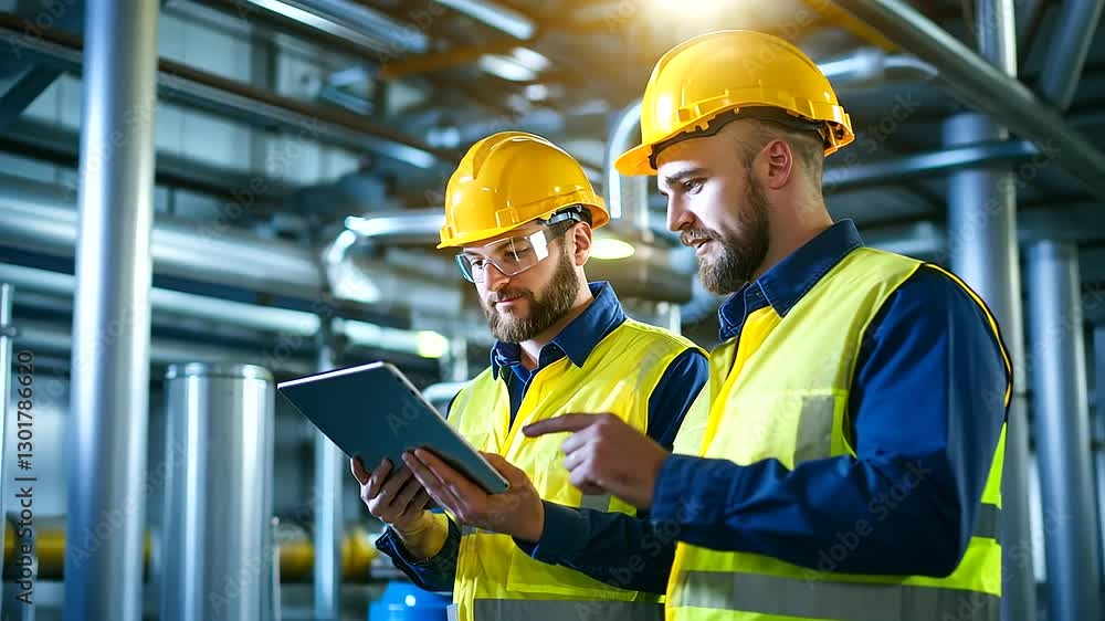 Poster engineers utilizing advanced technology for collaborative pipe design in a modern facility.