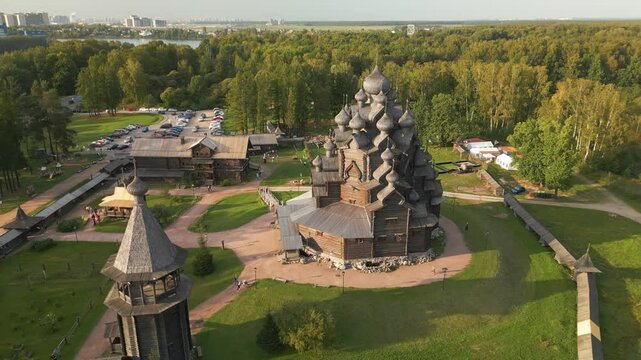 wooden church bogoslovka in  petersburg, russia  - drone view