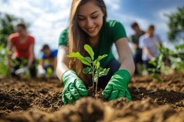 Young woman plants tree in brown soil with helpers, celebrating world environment day spirit