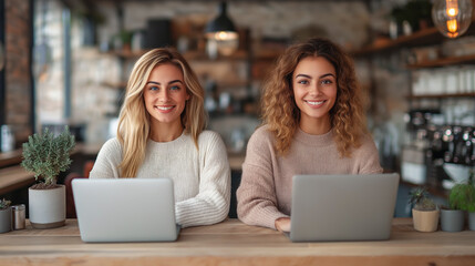 Two young women smiling while working on laptops in cozy cafe with modern rustic interior