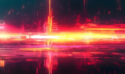 Fototapeta premium Abstract futuristic cityscape with glowing neon lights and reflections