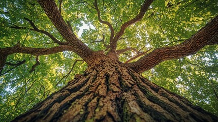 Fototapeta premium Low Angle View of a Large Tree Trunk and Spreading Branches with Green Leaves