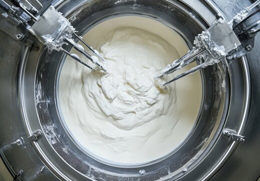 Cream Mixing Process in Industrial Mixer, Industrial Kitchen Setup, Dairy Production and Food Manufacturing Equipment in Action