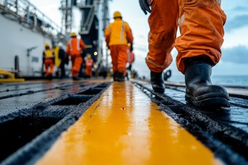 Close up of crew in safety uniforms on oil and gas platform with vivid background activity