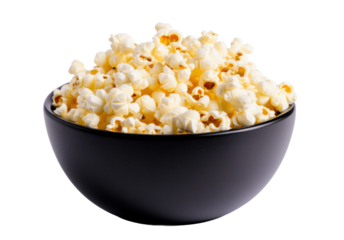 Delicious popcorn in a black bowl for snacks, cut out