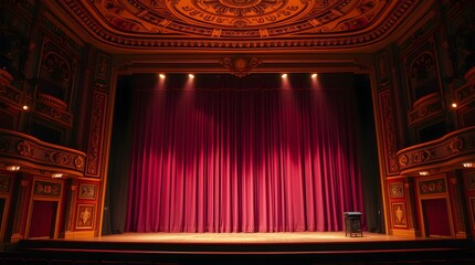 stock photo, pastel colors, gentle soft light. Ornate theater stage, empty, large dark curtain, golden glow