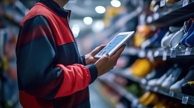 Logistics coordinator analyzing inventory in retail store close-up view of digital tablet in action