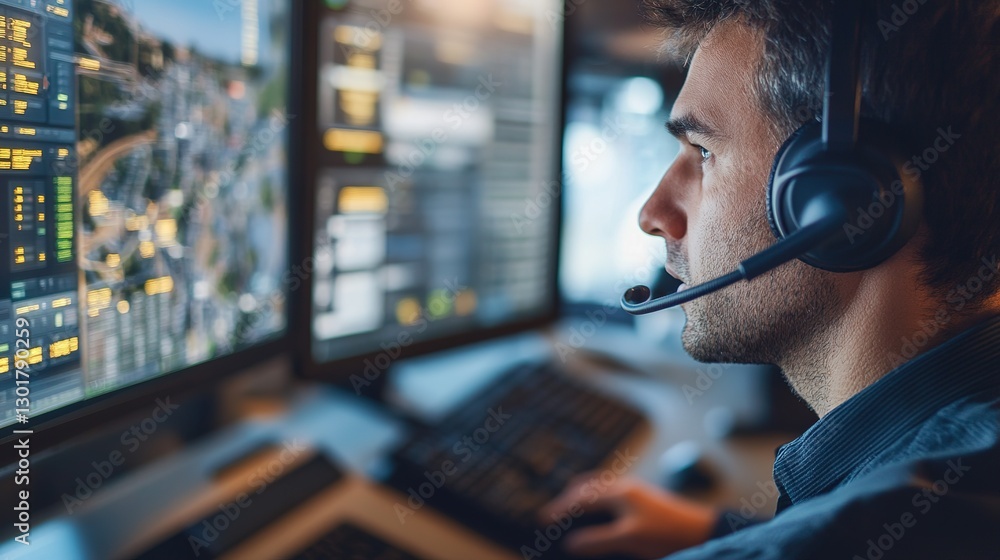 Poster urban transport management dispatcher coordinating bus routes in a high-tech control center