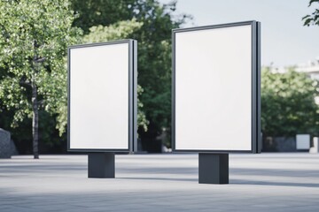 Two blank billboards in a park.