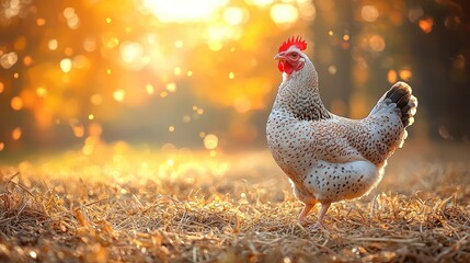 Hen walking in golden field with bokeh trees during sunset farm animal portrait