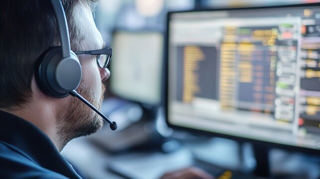 Dispatcher coordinating bus routes from control center urban environment digital interaction close-up view