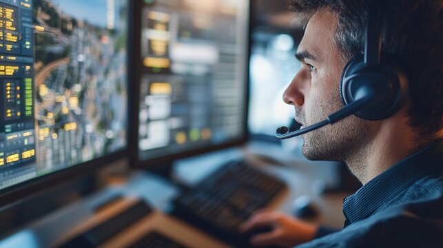 Urban transport management dispatcher coordinating bus routes in a high-tech control center