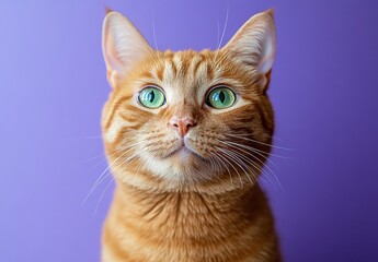 Obraz premium Cute orange tabby cat with bright green eyes against a vibrant purple backdrop, showcasing the feline's playful personality and charming features
