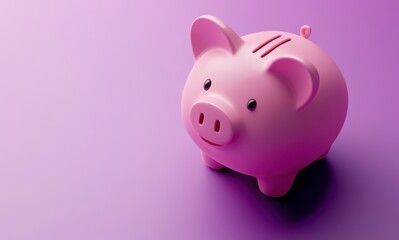 Cute pink piggy bank on a purple background, symbolizing savings, finance, and budgeting for children's education and future financial planning