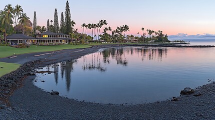 Fototapeta premium A Calm Coastal Scene Depicting Buildings And Water Reflections