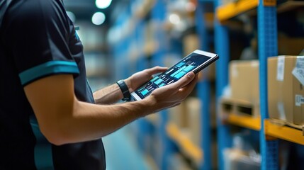 Logistics coordinator managing inventory with tablet warehouse environment close-up view modern workflow