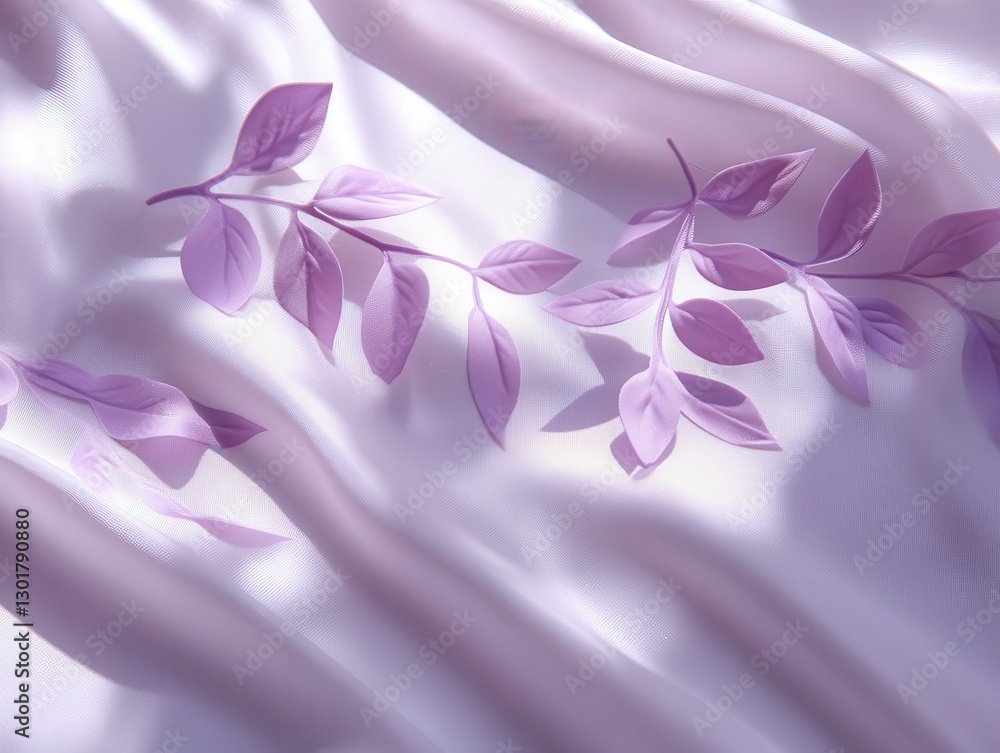 Poster delicate lilac leaves on soft curved silk fabric creating a serene and elegant atmosphere for design