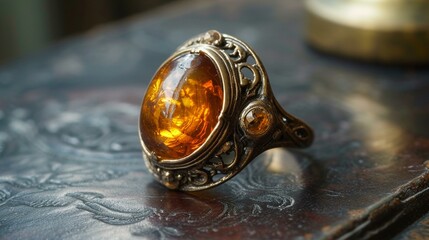 Antique-style amber ring with intricate metalwork on a textured surface.