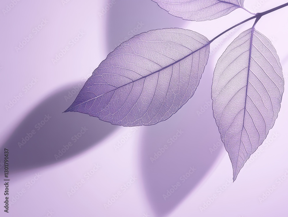 Poster delicate translucent leaves with soft shadows on a lavender background creating a serene nature aest