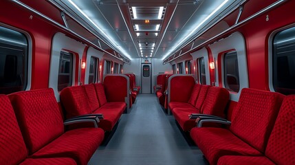 Fototapeta premium Modern Train Car Interior: Red Seating and Sleek Design AI Generated