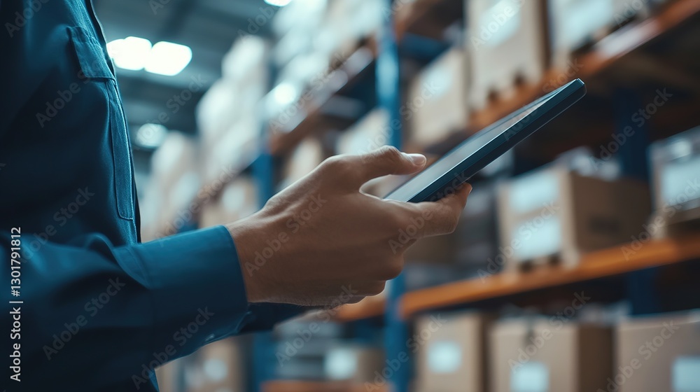 Poster logistics coordinator utilizing tablet in warehouse business environment close-up view efficiency co
