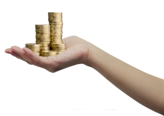 Open Hand Holding Stacked Gold Coins – Wealth and Finance Concept, close-up of an outstretched human hand holding multiple stacks of gold coins. The background is transparent.  Business growth concept