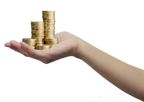 Open Hand Holding Stacked Gold Coins &ndash; Wealth and Finance Concept, close-up of an outstretched human hand holding multiple stacks of gold coins. The background is transparent.  Business growth concept