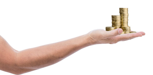 Open Hand Holding Stacked Gold Coins – Wealth and Finance Concept, close-up of an outstretched...