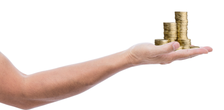 Open Hand Holding Stacked Gold Coins – Wealth and Finance Concept, close-up of an outstretched human hand holding multiple stacks of gold coins. The background is transparent.  Business growth concept