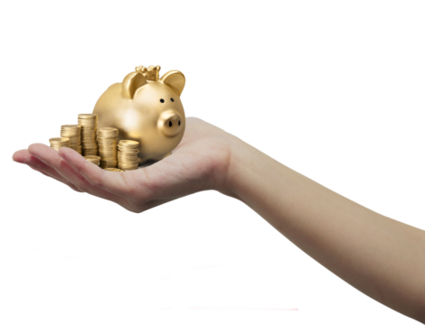 Luxury Wealth and Finance Concept: Golden Piggy Bank with Crown and Gold Coins on Silver Tray, Symbolizing Investment, Savings, Prosperity, Financial Growth, Money Management, and Economic Success.