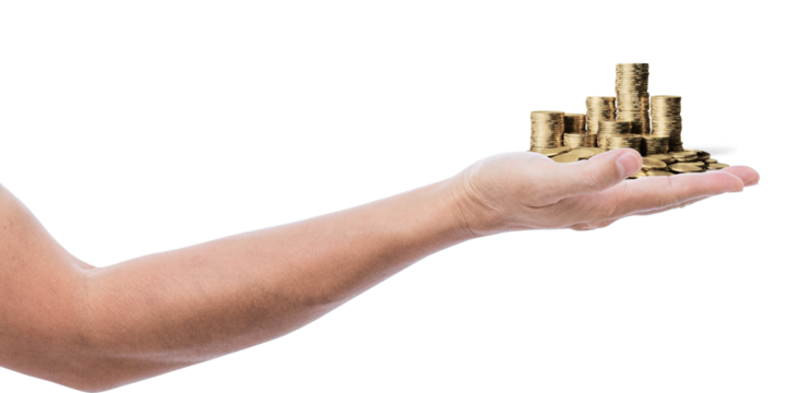 Open Hand Holding Stacked Gold Coins – Wealth and Finance Concept, close-up of an outstretched human hand holding multiple stacks of gold coins. The background is transparent.  Business growth concept