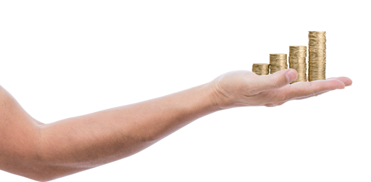 Open Hand Holding Stacked Gold Coins – Wealth and Finance Concept, close-up of an outstretched human hand holding multiple stacks of gold coins. The background is transparent.  Business growth concept