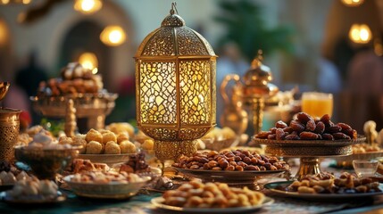 Ramadan Festive Table Setting With Lantern And Sweets
