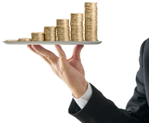 Businessman hand-holding stacked gold coins. Stack of coins. Serving Stacked Coins. Luxury service, wealth management, and premium investment opportunities. High-end economic themes. PNG, Transparent