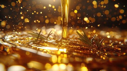 Liquid gold pours onto rosemary, splash of golden bokeh background