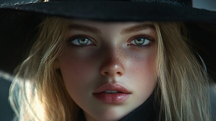 Detailed Hyper-Realist Portrait of Blond Girl in Black Hat for Professional Use