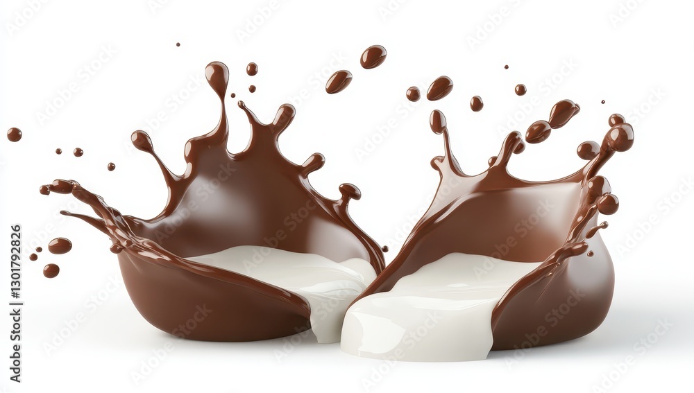 Aufkleber dynamic chocolate and cream splash creating artful patterns on a bright white background capturing f