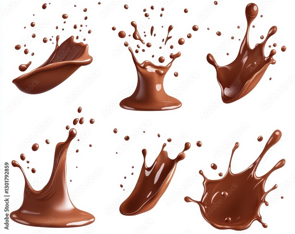 Poster dynamic chocolate splash collection with vivid brown color and unique shapes captured on white backg