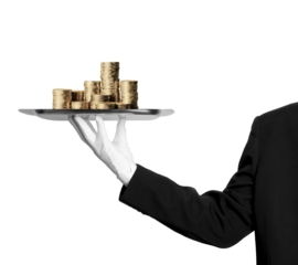 Businessman hand-holding stacked gold coins. Stack of coins. Serving Stacked Coins. Luxury service, wealth management, and premium investment opportunities. High-end economic themes. PNG, Transparent