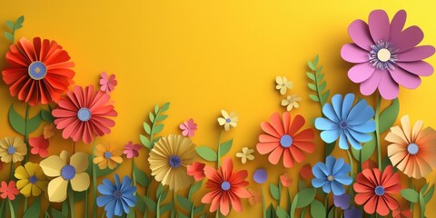 Fototapeta premium Vibrant and colorful paper-cut flowers framed on a yellow background