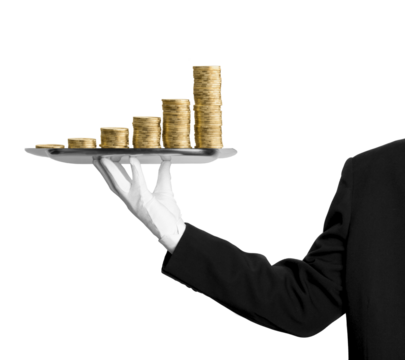 Businessman hand-holding stacked gold coins. Stack of coins. Serving Stacked Coins. Luxury service, wealth management, and premium investment opportunities. High-end economic themes. PNG, Transparent