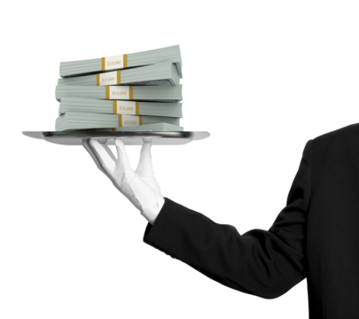 Luxury Wealth and Financial Success: Butler Hand Holding Silver Tray with Stacks of Cash, Symbolizing High Net Worth, Prosperity, Investment, Elite Finance, Money Management, and Affluent Lifestyle.