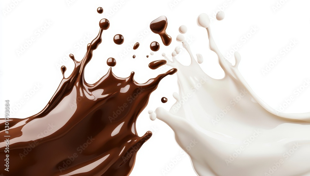 Poster dynamic interaction of milk and chocolate splashes on a white background perfect for food and bevera