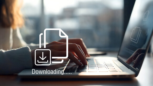 Business man downloading computer files or installing software on laptop computer, cloud storage technology, data backup, cyber security