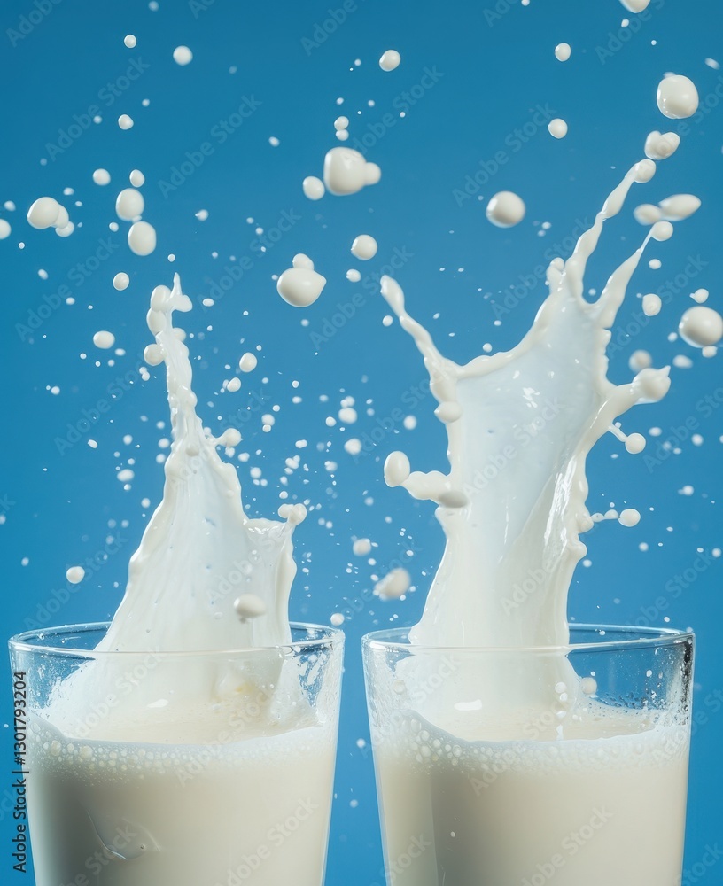 Poster dynamic milk splash from two glasses against a vibrant blue background capturing motion and freshnes