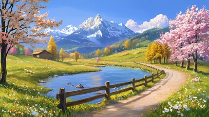 Picturesque Spring Alpine Landscape with Farmhouse