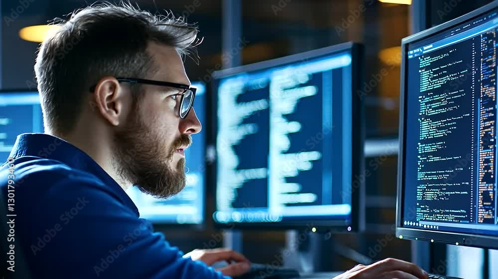 Poster tech expert examines complex data sets in a cutting-edge server room.